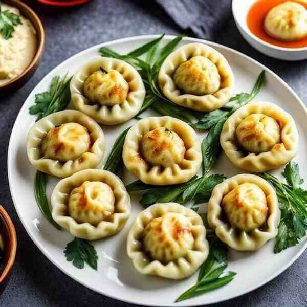 Запеченные пельмени с кефирным соусом